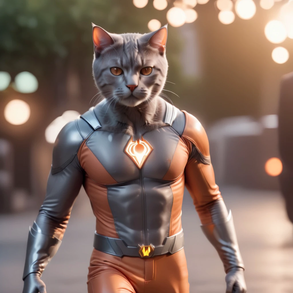 <lora:SDXL_Superhero:1>    SupHerSup,  Dynamic Action Shot of  handsome man,  Cat head superhero ,in Matte Gray and Light Orange suit (depth of field, bokeh, 4K, hyper realism, soft light, dramatic light, sharp, HDR)4k, UHD, ultrarealistic photo, full body shot,