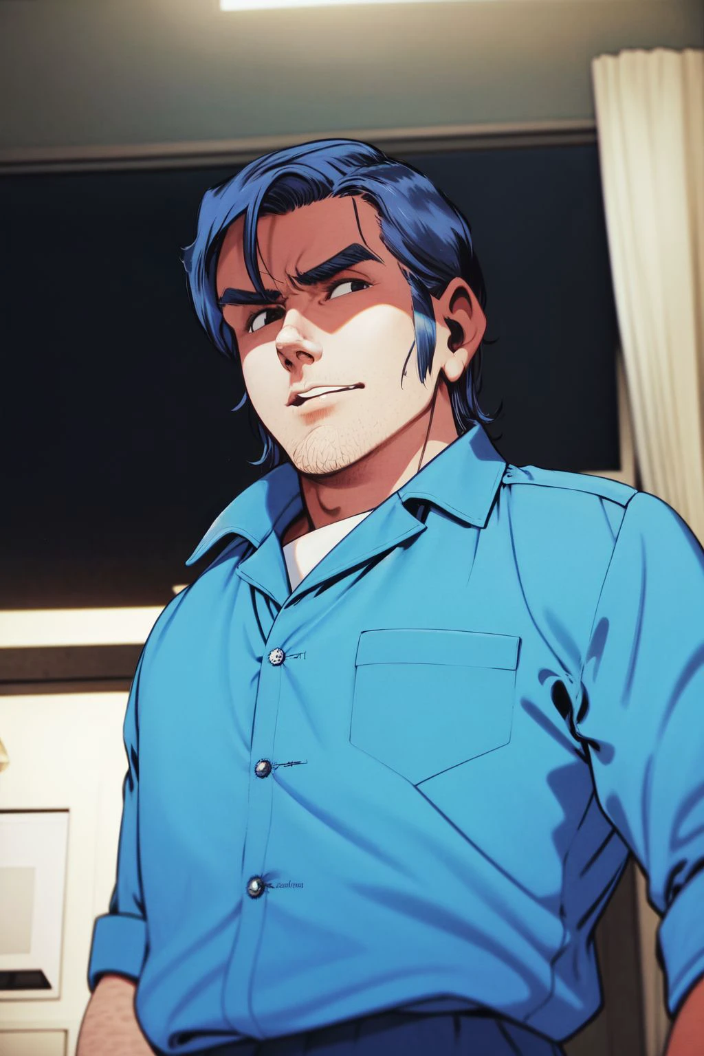 solo, 1boy, male, fear, looking at viewer, dark blue hair, side part, button-up shirt, Toujinbou, frontlighting <lora:Mikuriya_style_v01.99.20:1>