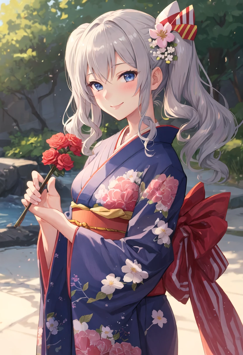 best quality, masterpiece, highres, solo, {kashima_kantaicollection:0.90}, 1girl, looking_at_viewer, smile, alternate_costume, blush, hair_flower, kimono, floral_print, obi