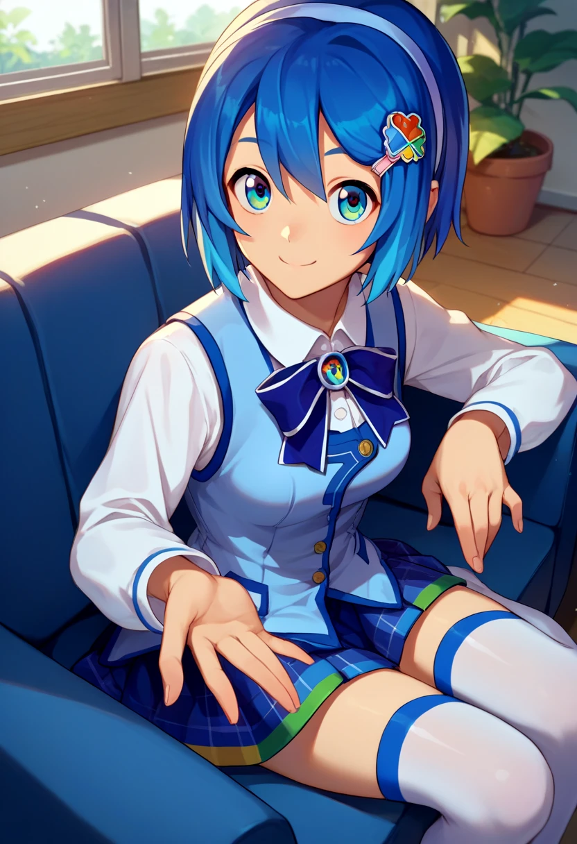 score_9, score_8_up, score_7_up, source_anime, 1girl, madobe nanami, smile, looking at viewer, sitting, couch, hair ornament, hairclip, hairband, white shirt, bow, long sleeves, blue vest, blue skirt, white thighhighs, indoors <lora:os-tan_7-tan_ponyXL:1>