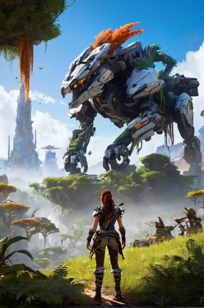 girl in Horizon Zero Dawn: Cradle of Civilization: A sprawling ruin of a futuristic city reclaimed by nature, with overgrown skyscrapers and robotic animals roaming the landscape. with many details,