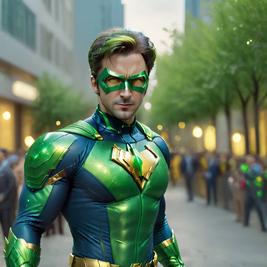 <lora:SDXL_Superhero:1>    SupHerSup,  Dynamic Action Shot of  handsome man,  superhero cosplay, in Yellow Green and Dark Blue suit <lora:PerfectEyesXL:0.8> perfecteyes,<lora:add-detail-xl:0.8>,<lora:xl_more_art-full_v1:0.5> (depth of field, bokeh, 4K, hyper realism, soft light, dramatic light, sharp, HDR)4k, UHD, ultrarealistic photo, full body shot,