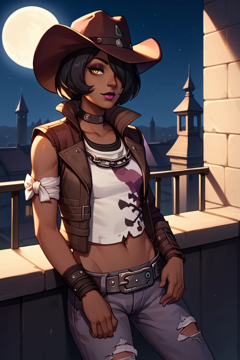 score_9, score_8_up, score_7_up, BREAK , 1girl, solo, looking at viewer, breasts, breasts, <lora:nishabl2-guy-v1PONYXL:.95>, nishabl2, cowboy hat, lipstick, hair over one eye, choker, makeup, dark skin, jacket, pants, midriff, belt, bandages, moon, outdoors, balcony,