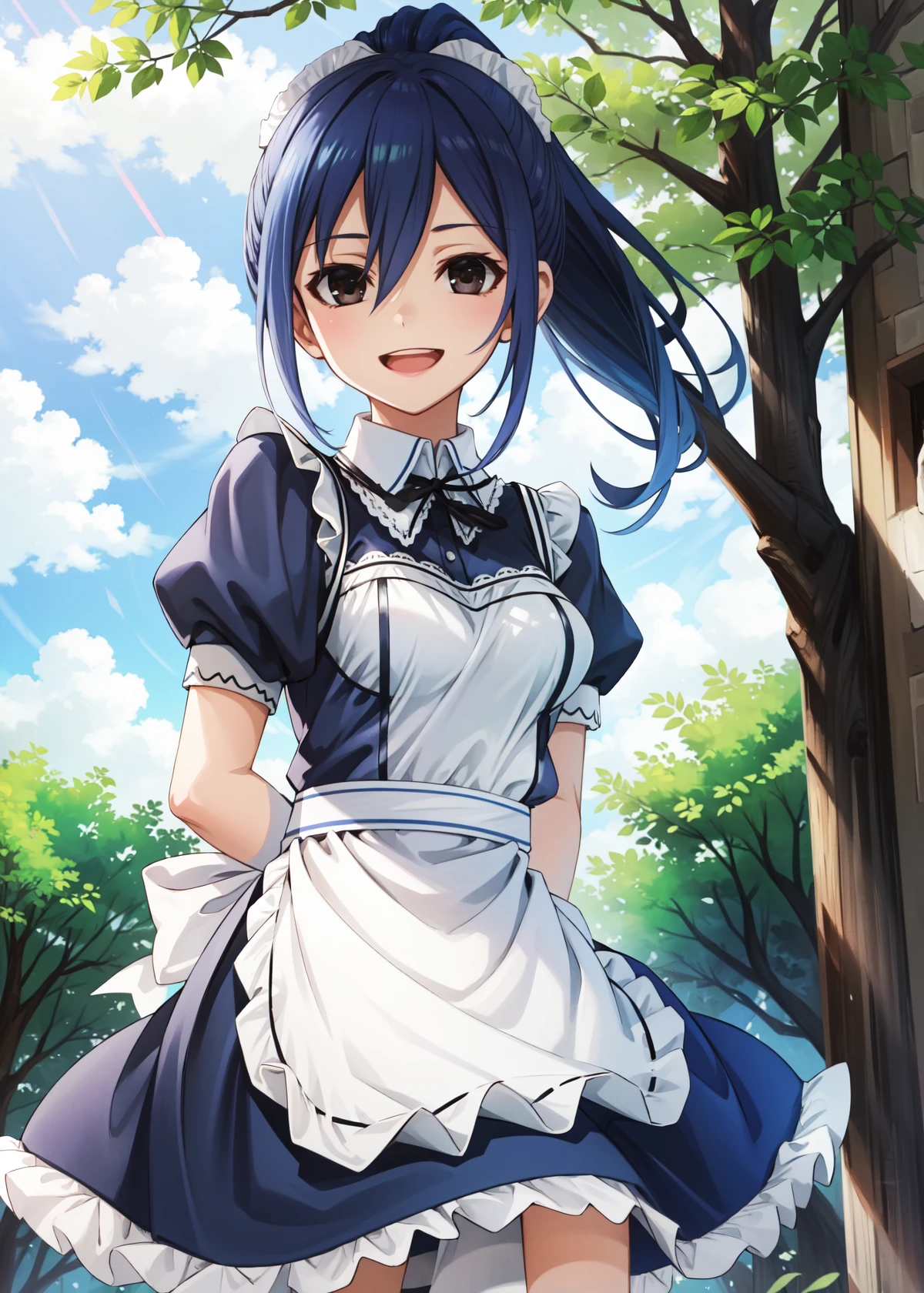 masterpiece, best quality, highres,
ManaDef, 1girl, solo, black eyes, blue hair, blue eyes, long hair, hair between eyes, medium breasts, high ponytail, ponytail, breasts, bangs,
maid, maid headdress, maid apron, short sleeves, puffy sleeves, puffy short sleeves, lace trim, lace, 
cowboy shot, arms behind back, looking at viewer, forest, outdoors, tree, sunlight, cloudy, laughing, <lora:Mana:1>