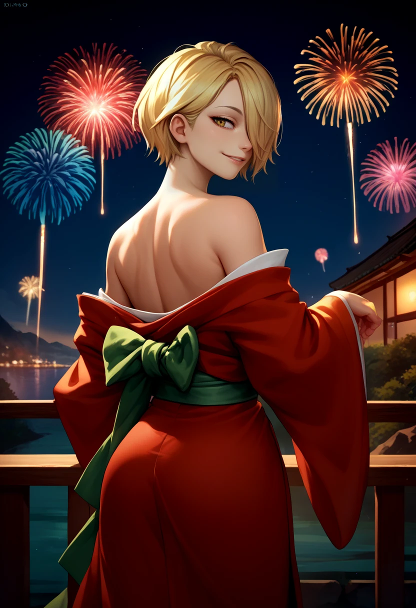 score_9, score_8_up, score_7_up, source_anime, from behind, solo, 1girl, tatsuma ryuko, smile, looking back, hair over one eye, red kimono, off shoulder, green sash, bare shoulders, fireworks <lora:mha_ryukotatsuma_ponyXL:1>