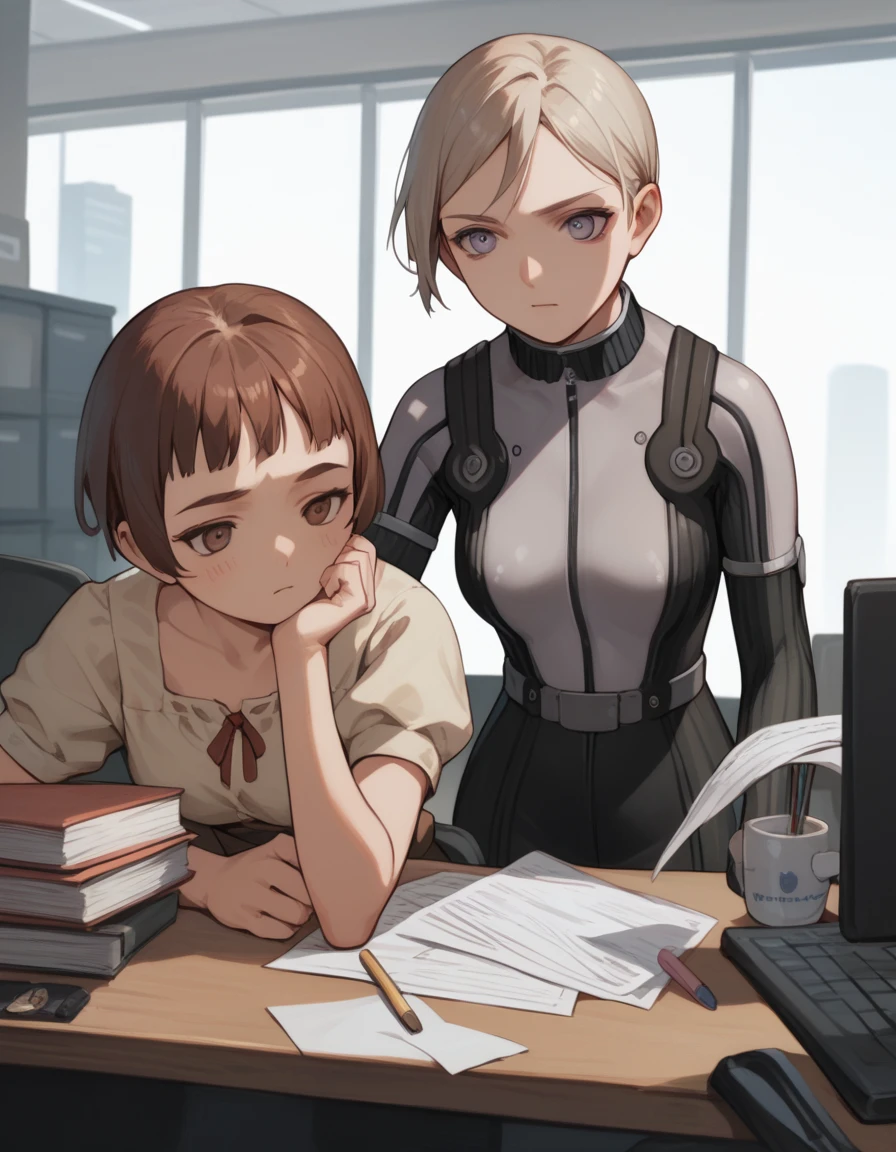 score_9, score_8_up, score_7_up, score_6_up, score_5_up, score_4_up, source_anime
<lora:last-exile-v2-ponyxl-000014:0.6>
2girls, office, working, thinking
BREAK
lavie, crop top, brown clothes around waist
BREAK
tatiana, grey bodysuit