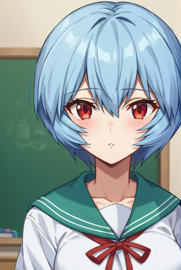 score_9, score_8_up, score_7_up, score_6_up, score_5_up, score_4_up,
BREAK source_anime, 
reiayanami, <lora:rei_ayanami_rebuild-sdxl-lora-nochekaiser:1>,
rei ayanami, blue hair, short hair, red eyes, mature female,
skirt, shirt, ribbon, school uniform, white shirt, short sleeves, red ribbon, neck ribbon, tokyo-3 middle school uniform
indoors, classroom,
looking at viewer, cowboy shot,