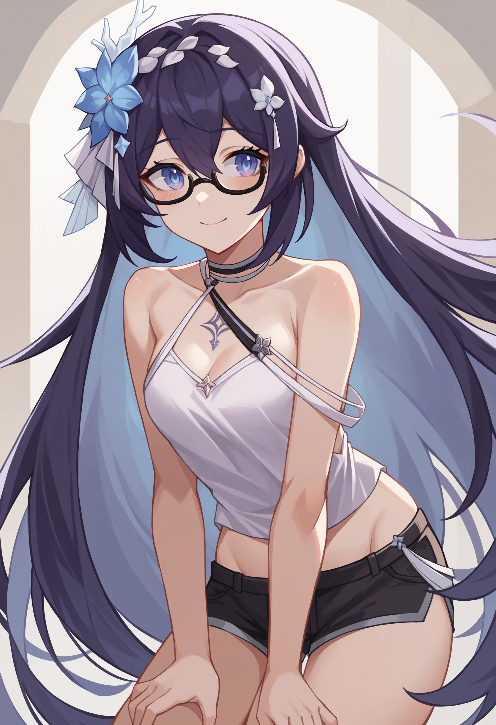 score_9, score_8_up, source_anime, <lora:wrenchseelehorbxl:0.8>,horb,short shorts, raised tank top, semi-rimless eyewear, smile,