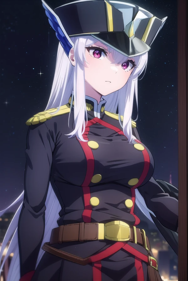 kyoukauzen, <lora:kyouka uzen s1-lora-nochekaiser:1>,
kyouka uzen, long hair, (red eyes:1.3), very long hair, white hair,
BREAK thighhighs, gloves, hat, boots, belt, sword, uniform, zettai ryouiki, military, military uniform, thigh boots, shako cap,
BREAK outdoors, space, starry sky, star \(sky\), moon,
BREAK looking at viewer, (cowboy shot:1.5),
BREAK <lyco:GoodHands-beta2:1>, (masterpiece:1.2), best quality, high resolution, unity 8k wallpaper, (illustration:0.8), (beautiful detailed eyes:1.6), extremely detailed face, perfect lighting, extremely detailed CG, (perfect hands, perfect anatomy),