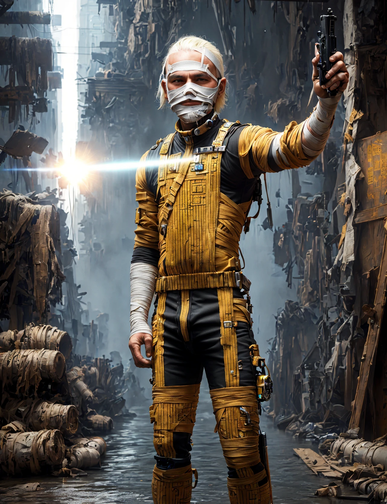 masterpiece, awesome quality, hyper detailed, DonMM00mm13s bandages, wrapped, male subspace communicator technician, midlife curvy, maori, golden eyes, small ears, square jaw, unique cheeks, symmetrical forehead, oblong face shape, tear ducts, platinum blonde disconnected undercut hair, excitement, shooting stance, character holds an imaginary firearm with arms outstretched, ready to shoot, wearing ar-embedded carbon-fiber holographic strata texture tactical laser-cut cargo pants, nanofiber fringe capelet, energy-absorbing racing sandals, holo-projection mask , arching back on all fours, arching the back while on all fours, creating a provocative and enticing pose, neon reflections on wet surfaces, cyborg settlements built from salvaged cybernetic parts and makeshift materials, post-cyberpunk, <lora:DonMM00mm13s-000006:0.9>