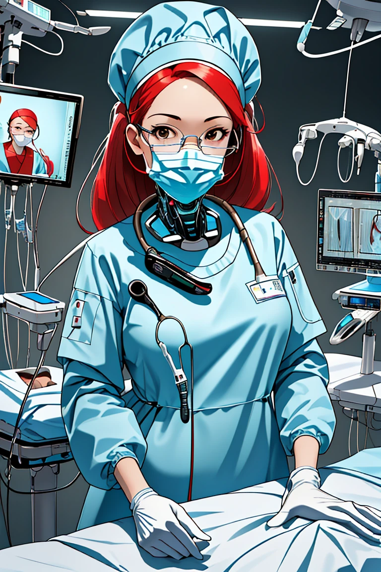 (RAW photo, best quality), 1girl, operating room, overhead surgical light, dslr, blurred background, focused,
 <lora:cyber_surg_v1.0-000006:0.8> cybr_surg, 1girl, solo, latex gloves, surgical mask,cybernetic outfit,long sleeves,surgical cap,
 <lora:Claudia_Suzuki_V1.0-000006:0.5> (claudia suzuki, mature female, semi-rimless eyewear, red hair, long hair, brown eyes, antenna hair),