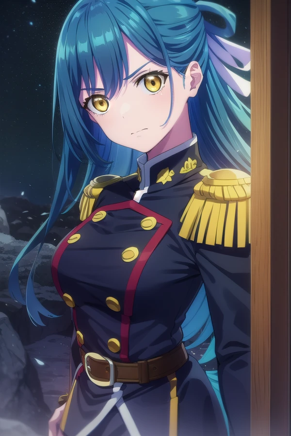 himariazuma, <lora:himari azuma s1-lora-nochekaiser:1>,
himari azuma, long hair, hair rings, (blue hair:1.5), (yellow eyes:1.5), frown, angry,
BREAK skirt, thighhighs, epaulettes, military, military uniform, black uniform,
BREAK outdoors, space, starry sky, star \(sky\), moon,
BREAK looking at viewer, (cowboy shot:1.5),
BREAK <lyco:GoodHands-beta2:1>, (masterpiece:1.2), best quality, high resolution, unity 8k wallpaper, (illustration:0.8), (beautiful detailed eyes:1.6), extremely detailed face, perfect lighting, extremely detailed CG, (perfect hands, perfect anatomy),