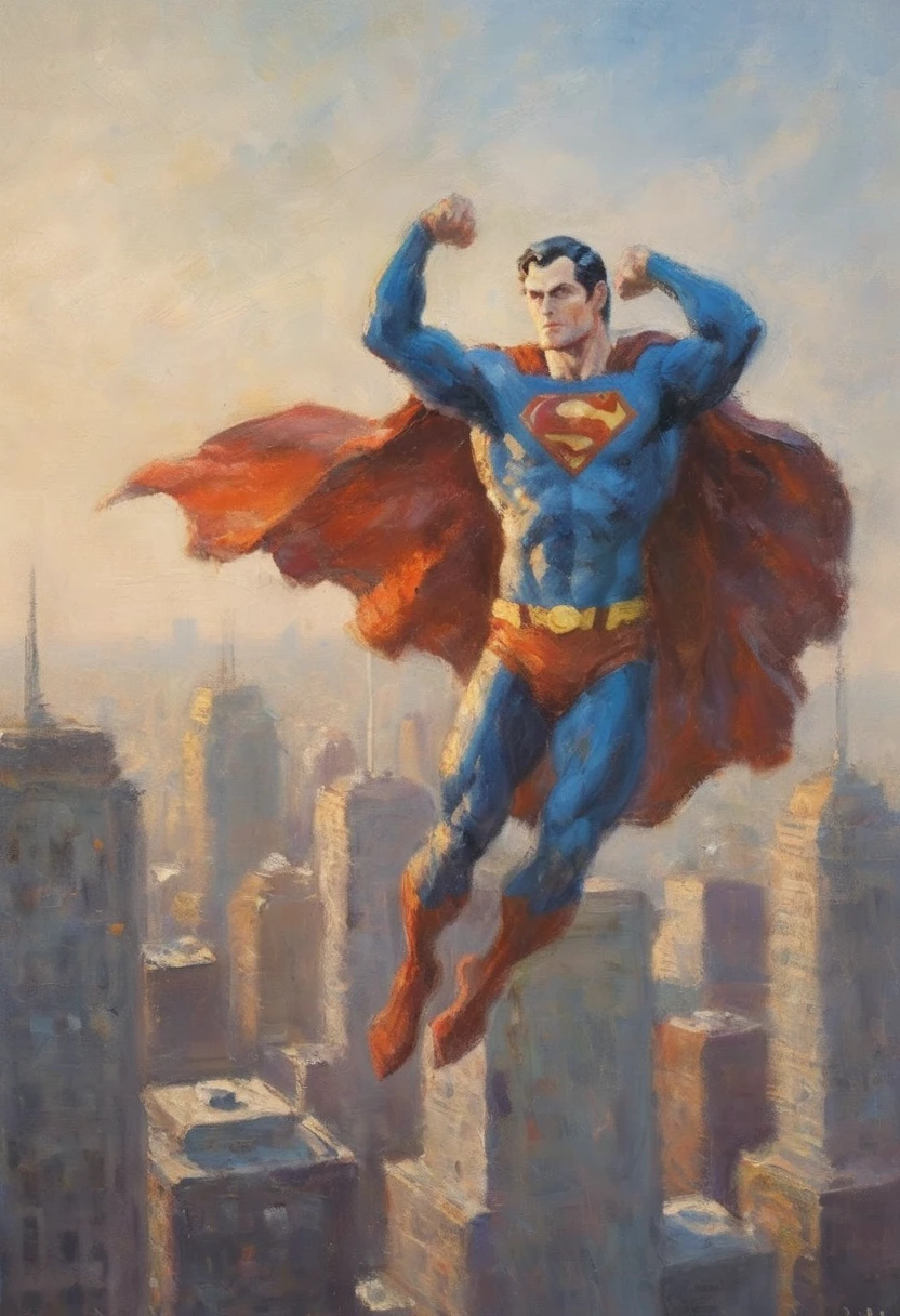impressionist painting portrait of superman in flight above metropolis city late afternoon aerial view majestic pose