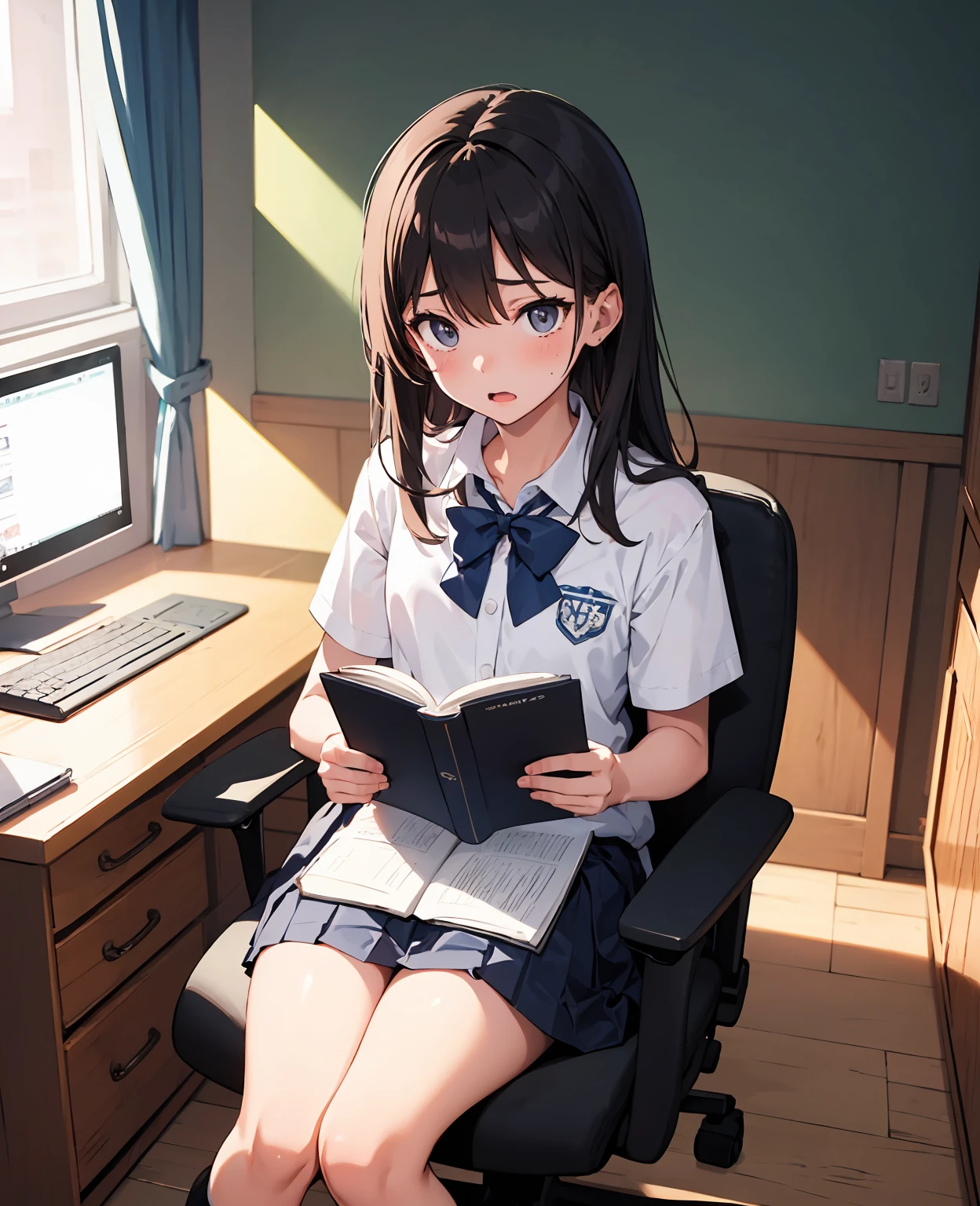 1girl, school uniform, skirt, POV private lesson, anguish, bedroom, sitting on gaming chair, textbook and pencil on study table, study, bed