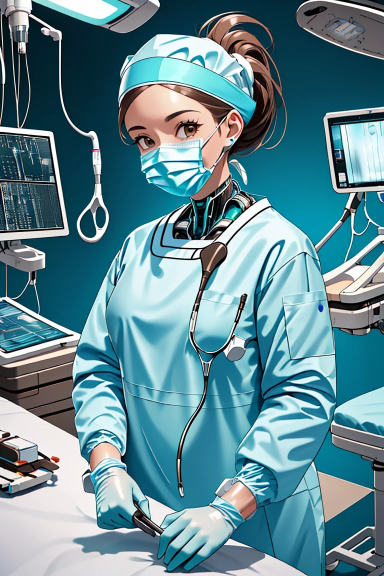 (RAW photo, best quality), 1girl, operating room, overhead surgical light, dslr, blurred background, focused,
 <lora:cyber_surg_v1.0-000006:0.8> cybr_surg, 1girl, solo, latex gloves, surgical mask,cybernetic outfit,long sleeves,surgical cap,
 <lora:Klaviana_V1.0-000006:0.5> (klaviana,brown hair, brown eyes,folded ponytail, 1990s (style)),