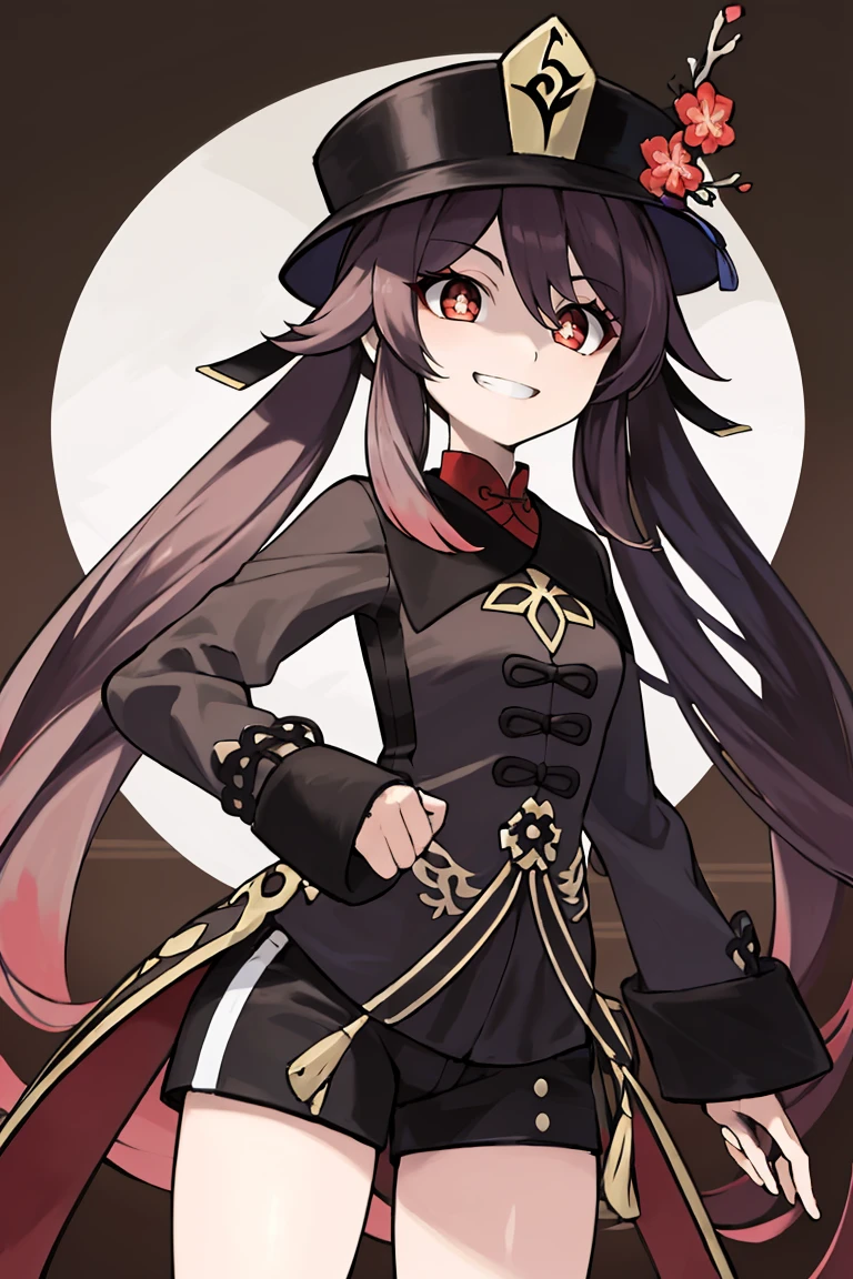 <lora:Sugimori_Ken_Style_v3:0.7>, ((masterpiece,best quality)), absurdres, <lora:Hu_Tao_Genshin:0.8>, Hu_Tao_Genshin, 1girl, solo, long hair, red eyes, brown eyes, flower-shaped pupils, twintails, hu tao \(genshin impact\), hat, long sleeves, hat flower, jewelry, chinese clothes, shorts, grin, smile, looking at viewer, cowboy shot,