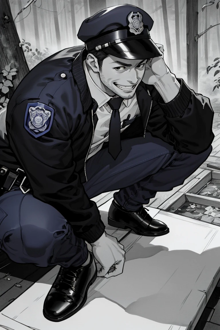 (1 image only), solo male, Agawa Daigo, Gannibal, Asian ,Japanese, black hair, short hair, thin stubble, black eyes, policeman, white collared shirt, dark blue necktie, black jacket, long sleeves, black sleeves, (buttoned up jacket), dark blue pants, black shoes, police peaked cap, (adjusting cap), mature, handsome, charming, alluring, perfect anatomy, perfect proportions,(perfect eyes), perfect hands, rural, pastoral, forest, creep, suspense, horror, manga, greyscale, monochrome, (manga brushwork style, traditional drawing), (close-up), looking_at_viewer, grin,<lora:EMS-304048-EMS:0.700000>