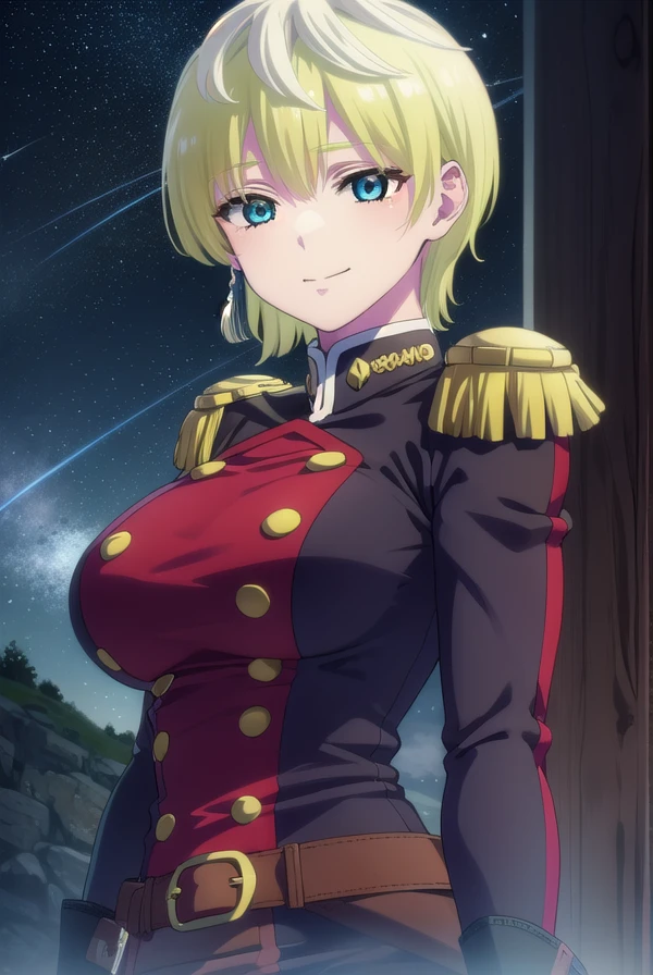 tenkaizumo, <lora:tenka izumo s1-lora-nochekaiser:1>,
tenka izumo, short hair, blue eyes, blonde hair, smile,
BREAK thighhighs, gloves, jewelry, earrings, boots, shorts, belt, uniform, military, military uniform, thigh boots, epaulettes,
BREAK outdoors, space, starry sky, star \(sky\), moon,
BREAK looking at viewer, (cowboy shot:1.5),
BREAK <lyco:GoodHands-beta2:1>, (masterpiece:1.2), best quality, high resolution, unity 8k wallpaper, (illustration:0.8), (beautiful detailed eyes:1.6), extremely detailed face, perfect lighting, extremely detailed CG, (perfect hands, perfect anatomy),
