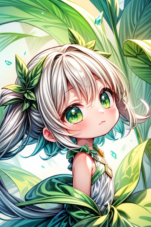 EarthKawaii,(green theme:1.3),best quality,Epic,highly detail,Illustration,Cover,enigmatic figure,draped in translucent fabric,crystals adorning hair,dreamlike swirl,pastel hues,soft light,evoking calm serenity and elusive beauty,Non-representational,colors and shapes,expression of feelings,imaginative,highly detailed,professional_artwork,cute,kawaii,:3,from_side