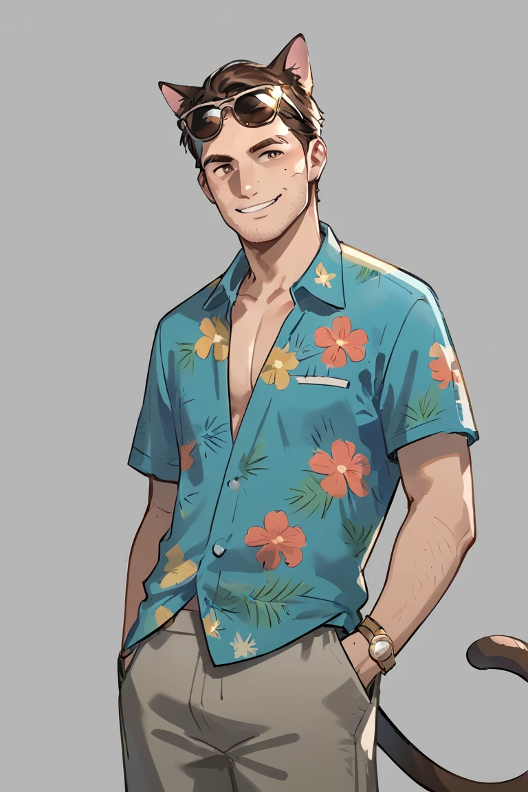 score_9, score_8_up, score_7_up, ferdinand-clooney, 1boy, solo, male focus, mature male, short hair, brown hair, brown eyes, facial hair, stubble, animal ears, cat ears, cat boy, cat tail, looking at viewer, smile, sunglasses, eyewear on head, blue shirt, hawaiian shirt, short sleeves, grey shorts, cowboy shot, standing, simple background <lora:Ferdinand Clooney (Arknights) v1.0 SDXL_LoRA_Pony Diffusion V6 XL_Fix:0.7> <lora:Smooth Anime 2 Style SDXL_LoRA_Pony Diffusion V6 XL:1>