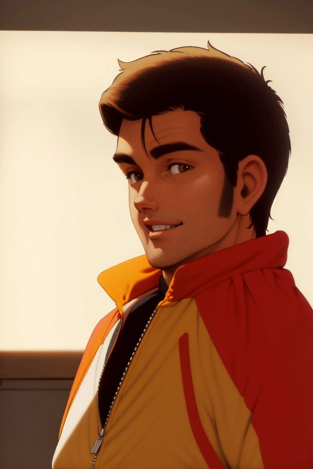solo, 1boy, male, smile, looking at viewer, light brown hair, taper fade, windbreaker, Toujinbou, backlighting <lora:Mikuriya_style_v01.99.20:1>