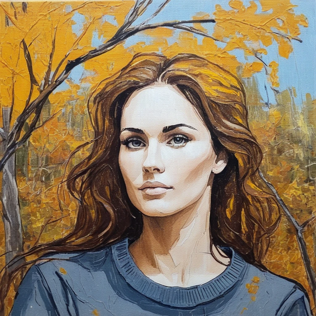 (Abstract) sketch of a woman in the fall season, oil on canvas, <lora:megfox_xl_1_standard_merger_23_41_07_03:1>