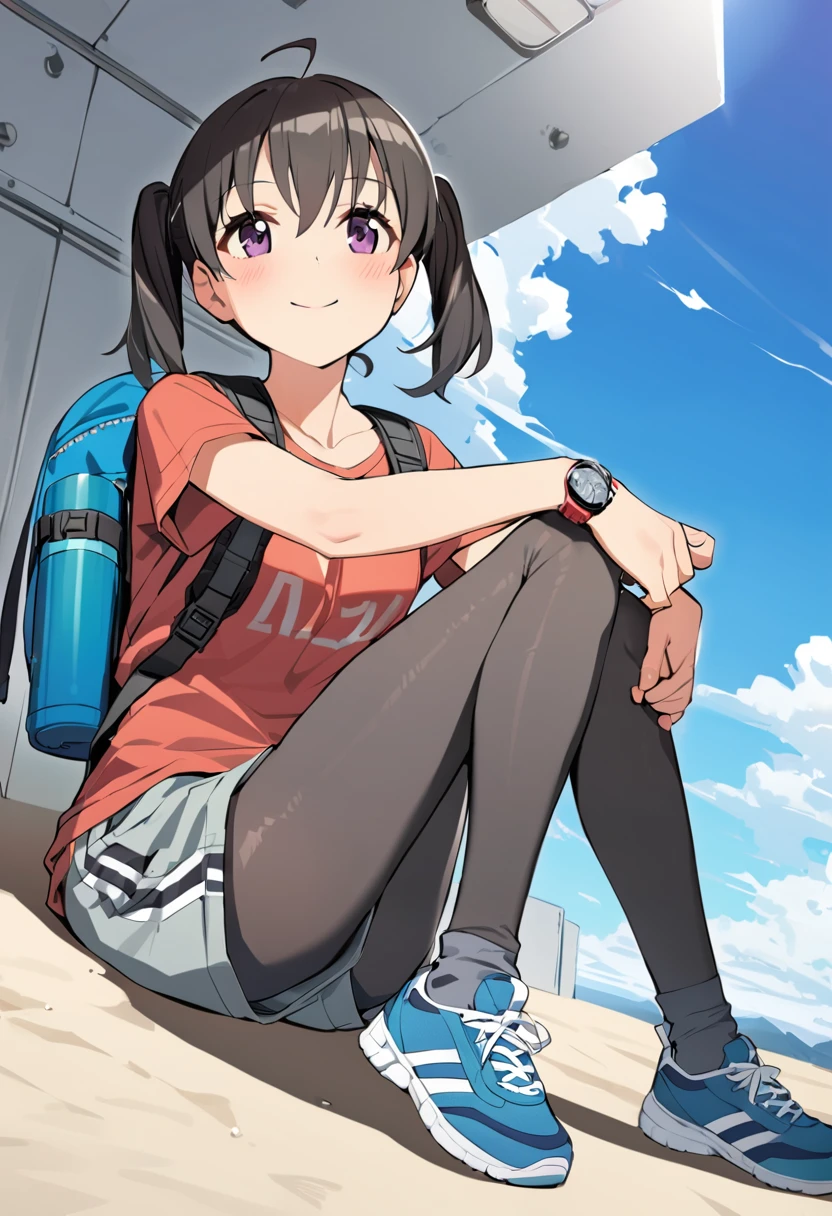 1girl, kuraue hinata, 1girl, solo, twintails, bag, backpack, smile, pantyhose, sitting, watch, purple eyes, wristwatch, red shirt, black hair, black legwear, cloud, sneakers, bottle, day, short sleeves, outdoors, t-shirt, legwear under shorts, water bottle, blue sky, closed mouth, eyebrows visible through hair, collarbone, looking away, grey shorts, looking to the side, thermos, socks, short shorts, hair between eyes, knee up, tying footwear, socks over pantyhose, clothes writing, blush, leggings, cross-laced footwear, cloudy sky, grey legwear, short hair, ahoge, medium hair, full body, v arms, blue footwear, masterpiece, best quality <lora:kuraue_hinata_sdxl_locon_ani_v1:0.7>
