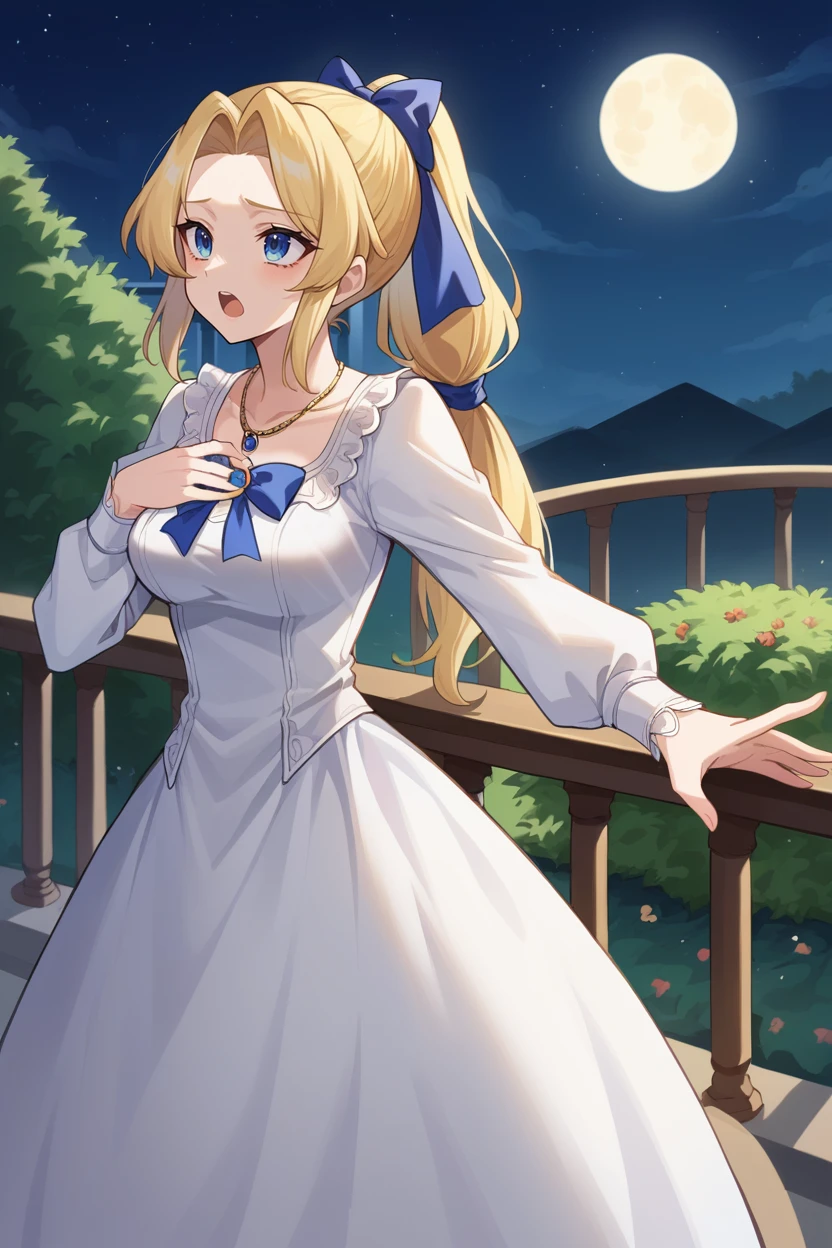 score_9, score_8_up, source_anime, 1girl, solo BREAK <lora:celeschere-pdxl-nvwls-v1-000006:1> celes chere, blonde hair, hair ribbon, ponytail, blue ribbon, blue bow, necklace, white ballgown, frills, long sleeves, night sky, garden, standing on balcony, moon, open mouth, looking up, singing, hand to own chest, outstretched arm, sad, medium breasts