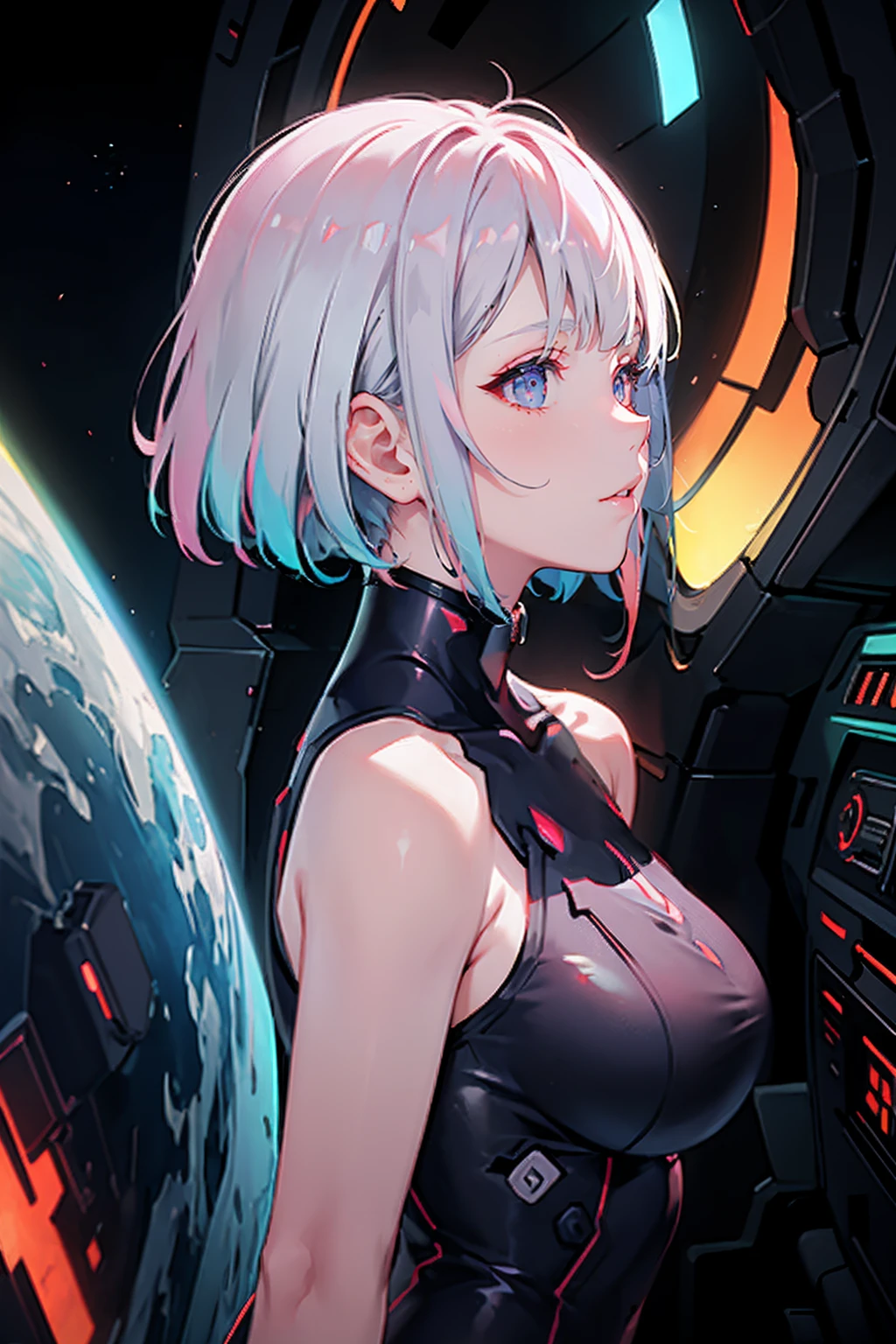<lora:Lucyna-v1:0.8>,<lora:GoodHands-beta2:1>,
In space,huge space-time gears,a sense of technology,a science fiction blockbuster,a very wonderful visual feast,a complex and gorgeous background,a sense of detail,
lucy,(cyberpunk),1girl,solo,bangs,multicolored hair,short hair,bare shoulders,red eyeliner,white hair,cyborg,pastel rainbow hair,mushroom head,partiality,triangle eyeshadow,gradient hair,red eye shadow,sister head,eye shadow,short hair with long locks,rainbow light spot,upper body,bodysuit,red lips,blunt bangs,multicolored eyes,profile,black background,from side,lucy \(cyberpunk\),cyberpunk \(series\),cyberpunk edgerunners,asymmetrical sideburns,(sleeveless:1.4),Operate virtual screen,The code inside the eye,, best quality , masterpiece, illustration, an extremely delicate and beautiful, extremely detailed ,CG,unity,8k wallpaper, Amazing, finely detail, masterpiece, best quality,official art,extremely detailed CG unity 8k wallpaper,absurdres, incredibly absurdres, huge filesize , ultra-detailed, highres, extremely detailed,beautiful detailed girl, extremely detailed eyes and face, beautiful detailed eyes,light on face,