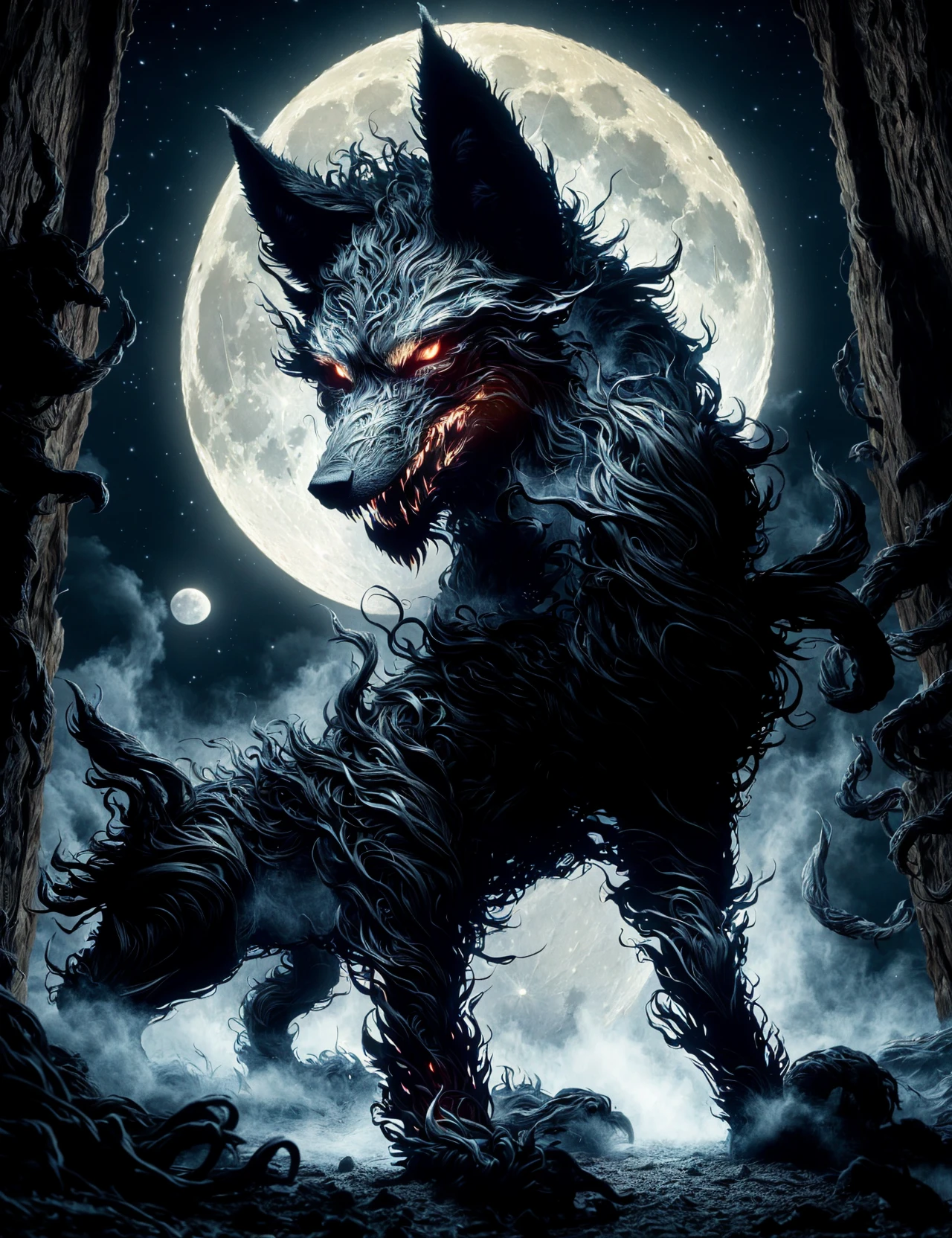 masterpiece, awesome quality, hyper detailed, DonMN1gh7d3m0n night demon werewolf, lycanthropes, mythical creature, humanoid wolf-like form, full moon, hairy furry skin, fangs, wolf ears, wolf-like face ,  <lora:DonMN1gh7d3m0n-000006:1>