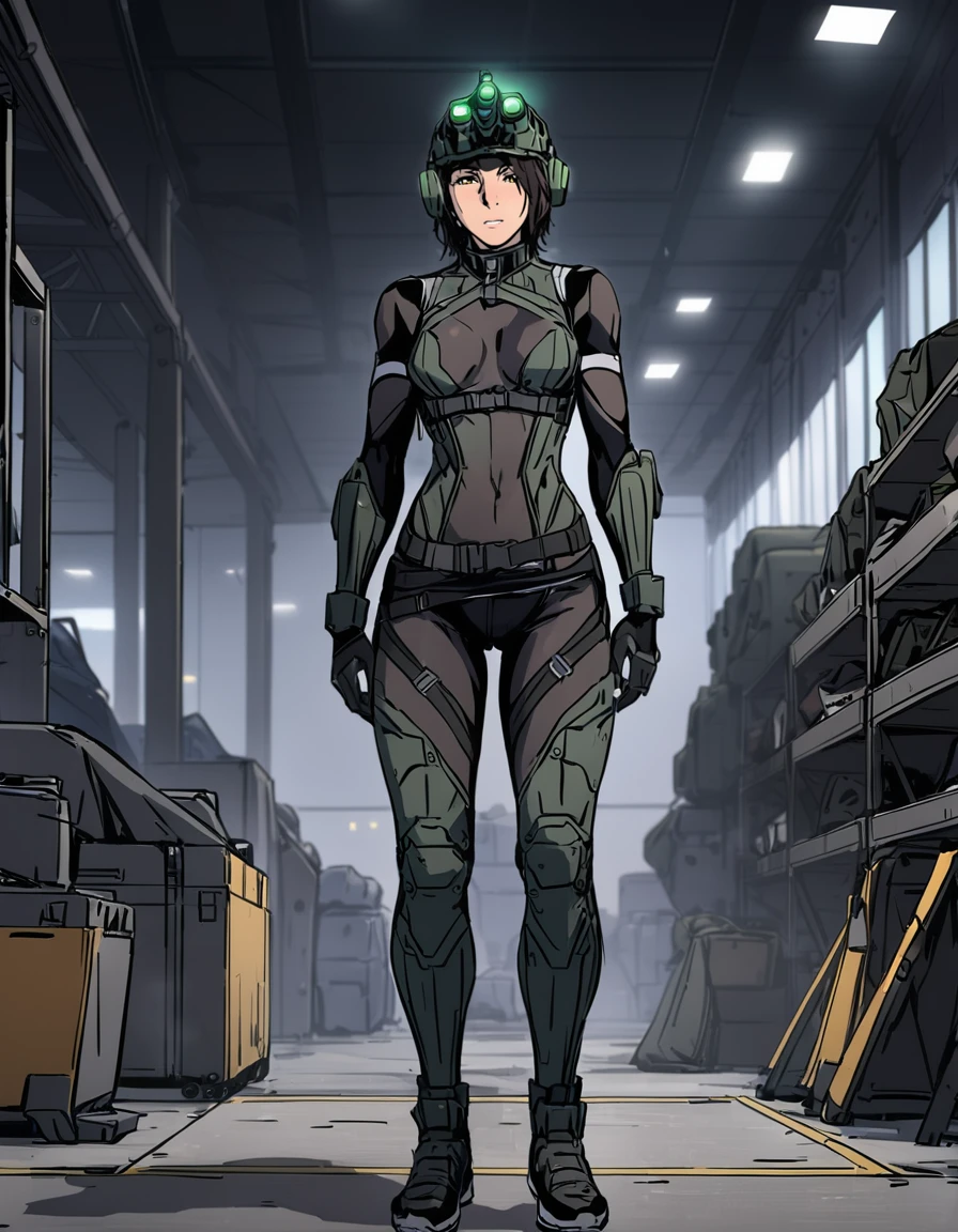 1girl,sarahfisher, <lora:SarahFisherSCXL:1>,standing,helmet,goggles,night vision,bodysuit,armor,full body,indoors,in hangar,masterpiece,best quality