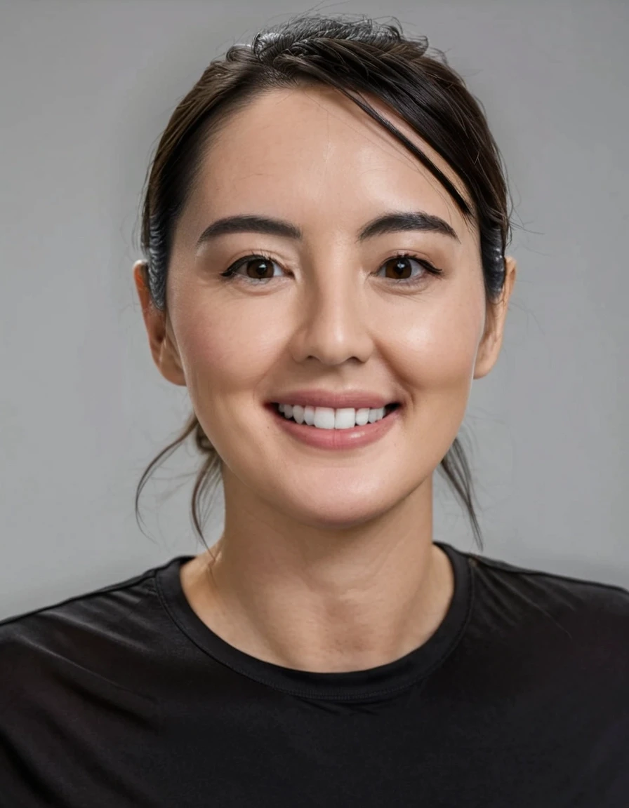 (professional portrait photo:1.0) 0xjanedouglas, smiling, wearing a plain black t-shirt, light studio background, (embedding:SDXL\\ziprealism.safetensors), (professional photography:1.0), (realistic lighting:1.2), (dramatic shadows:0.8), (sharp focus:0.8), (bokeh:0.5)