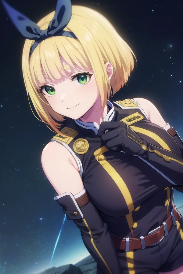 shushusuruga, <lora:shushu suruga s1-lora-nochekaiser:1>,
shushu suruga, short hair, bangs, hair ribbon, hairband, blunt bangs, thick eyebrows, (green eyes:1.3), yellow hair, smile,
BREAK gloves, shorts, elbow gloves, belt, buttons, military uniform, military, bare shoulders, black military uniform,
BREAK outdoors, space, starry sky, star \(sky\), moon,
BREAK looking at viewer, (cowboy shot:1.5),
BREAK <lyco:GoodHands-beta2:1>, (masterpiece:1.2), best quality, high resolution, unity 8k wallpaper, (illustration:0.8), (beautiful detailed eyes:1.6), extremely detailed face, perfect lighting, extremely detailed CG, (perfect hands, perfect anatomy),