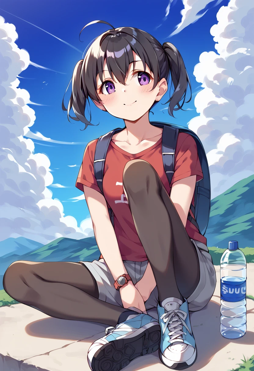 score_9, score_8_up, score_7_up, best quality, masterpiece, 4k, uncensored, prefect lighting, rating_explicit, very aesthetic, source_anime BREAK
1girl, kuraue hinata, 1girl, solo, twintails, bag, backpack, smile, pantyhose, sitting, watch, purple eyes, wristwatch, red shirt, black hair, black legwear, cloud, sneakers, bottle, day, short sleeves, outdoors, t-shirt, legwear under shorts, water bottle, blue sky, closed mouth, eyebrows visible through hair, collarbone, looking away, grey shorts, looking to the side, thermos, socks, short shorts, hair between eyes, knee up, tying footwear, socks over pantyhose, clothes writing, blush, leggings, cross-laced footwear, cloudy sky, grey legwear, short hair, ahoge, medium hair, full body, v arms, blue footwear <lora:kuraue_hinata_sdxl_locon_pony_v1:0.7>