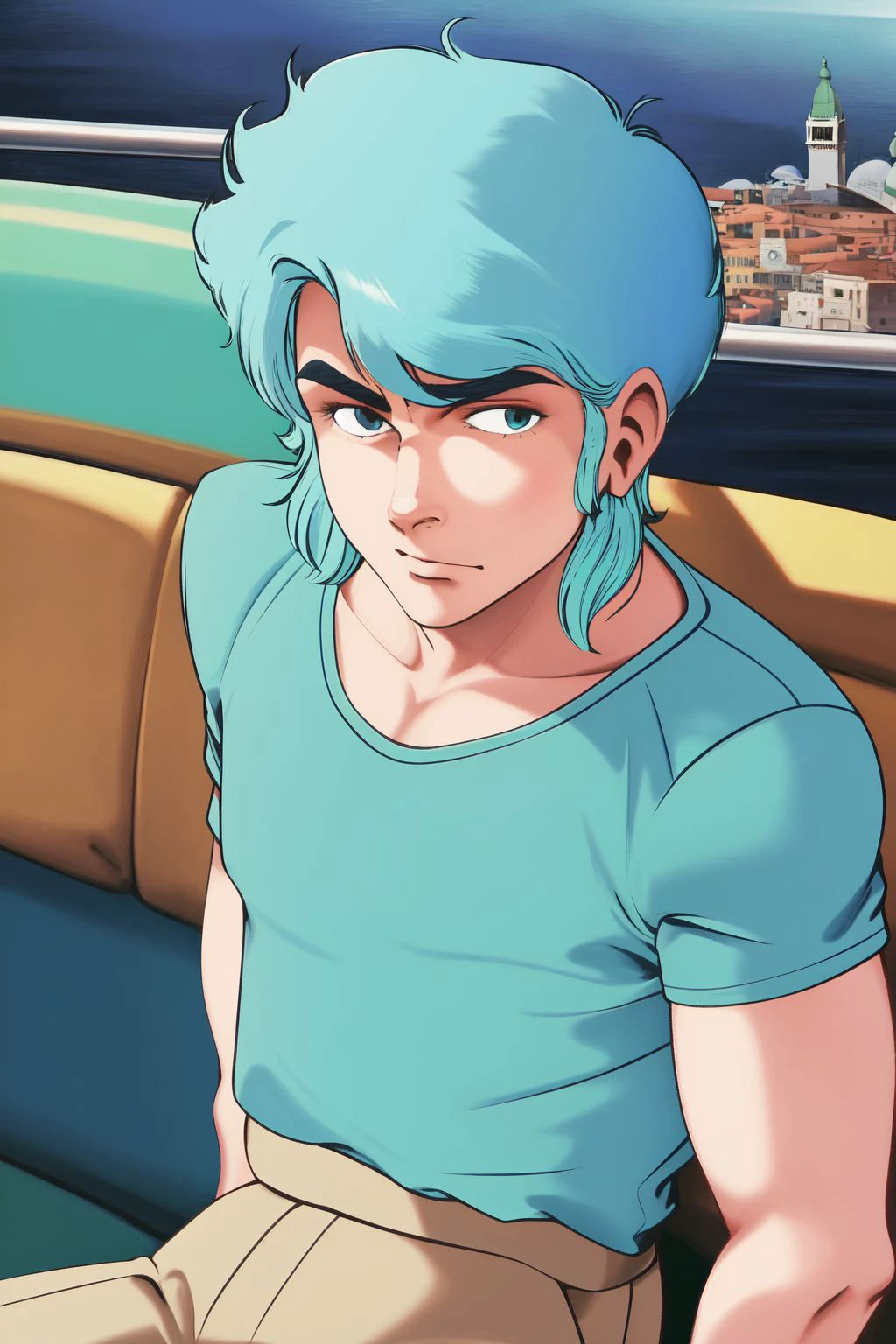 solo, 1boy, male, scared, looking at viewer, light blue hair, side-swept fringe, short sleeve shirt, Venice, Gondola Ride, dim light <lora:Mikuriya_style_v01.99.20:1>