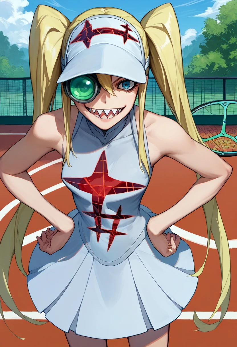 score_9, score_8_up, score_7_up, source_anime, solo, 1girl, hakodate omiko, sharp teeth, smile, looking at viewer, hands on hips, twintails, visor cap, scope, tennis uniform, dress, outdoors, tennis court <lora:klk_hakodate_ponyXL:1>