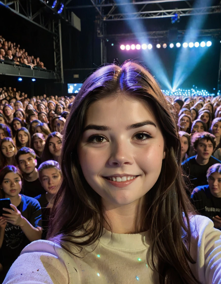 elisetrouw woman <lora:elise_sdxl_v1-000007merged9_3_7:1.0>
selfie from stage, smiling in front of a Hundreds of Cell Phone Lights, music crowd, looking at camera, dark arena, spotlights