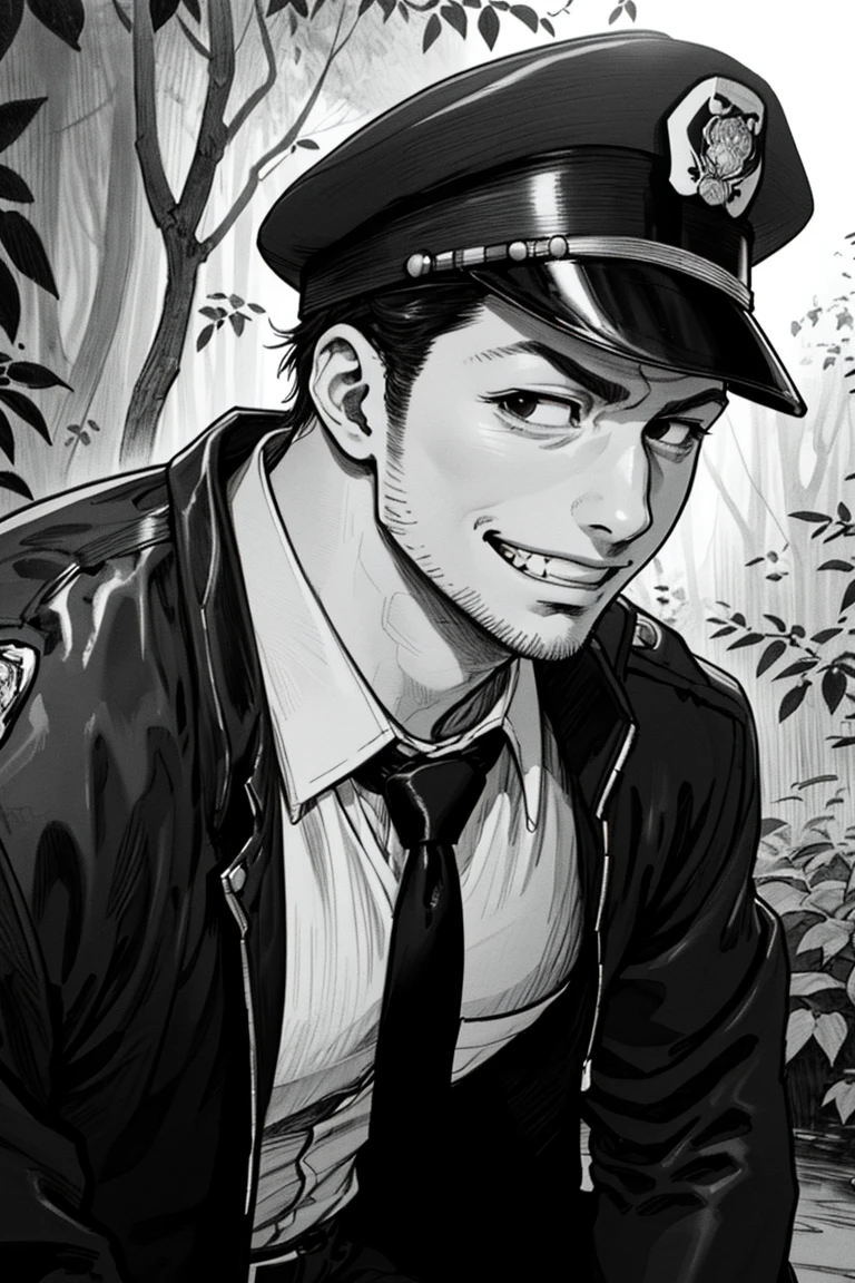 (1 image only), solo male, Agawa Daigo, Gannibal, Asian ,Japanese, black hair, short hair, thin stubble, black eyes, policeman, white collared shirt, dark blue necktie, black jacket, long sleeves, black sleeves, (buttoned up jacket), dark blue pants, black shoes, police peaked cap, (adjusting cap), mature, handsome, charming, alluring, perfect anatomy, perfect proportions, rural, pastoral, forest, creep, suspense, horror, bloody, manga, greyscale, monochrome, (manga brushwork style, traditional drawing), (portrait, close-up), looking_at_viewer, grin, upperbody, HORROR,<lora:EMS-210120-EMS:0.400000>,<lora:EMS-304048-EMS:0.700000>