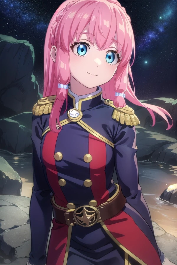 neiookawamura, <lora:nei ookawamura s1-lora-nochekaiser:1>,
nei ookawamura, long hair, blue eyes, hair ornament, pink hair, braid, smile,
BREAK gloves, boots, belt, skirt, uniform, military, military uniform, epaulettes,
BREAK outdoors, space, starry sky, star \(sky\), moon,
BREAK looking at viewer, (cowboy shot:1.5),
BREAK <lyco:GoodHands-beta2:1>, (masterpiece:1.2), best quality, high resolution, unity 8k wallpaper, (illustration:0.8), (beautiful detailed eyes:1.6), extremely detailed face, perfect lighting, extremely detailed CG, (perfect hands, perfect anatomy),