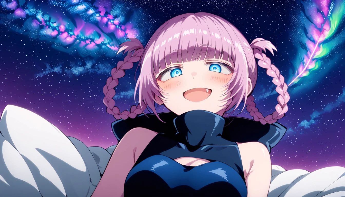 nanakusa_nazuna_xl, nanakusa nazuna \(yofukashi no uta\), anime girl with pink hair and blue eyes laying on a bed, starry sky, star \(sky\), shooting star, night, space, night sky, sky, 1girl, galaxy, sleeveless turtleneck, single braid, starry background, solo, starry sky print, braid, looking at viewer, braided ponytail, twin braids, long hair, blue eyes, turtleneck, smile, sleeveless, hair rings, aurora, open mouth, star \(symbol\), milky way, side braid, moon,
best quality, (masterpiece:1.2), highly detailed, closeup
<lora:nanakua_nazuna_xl:1.2>