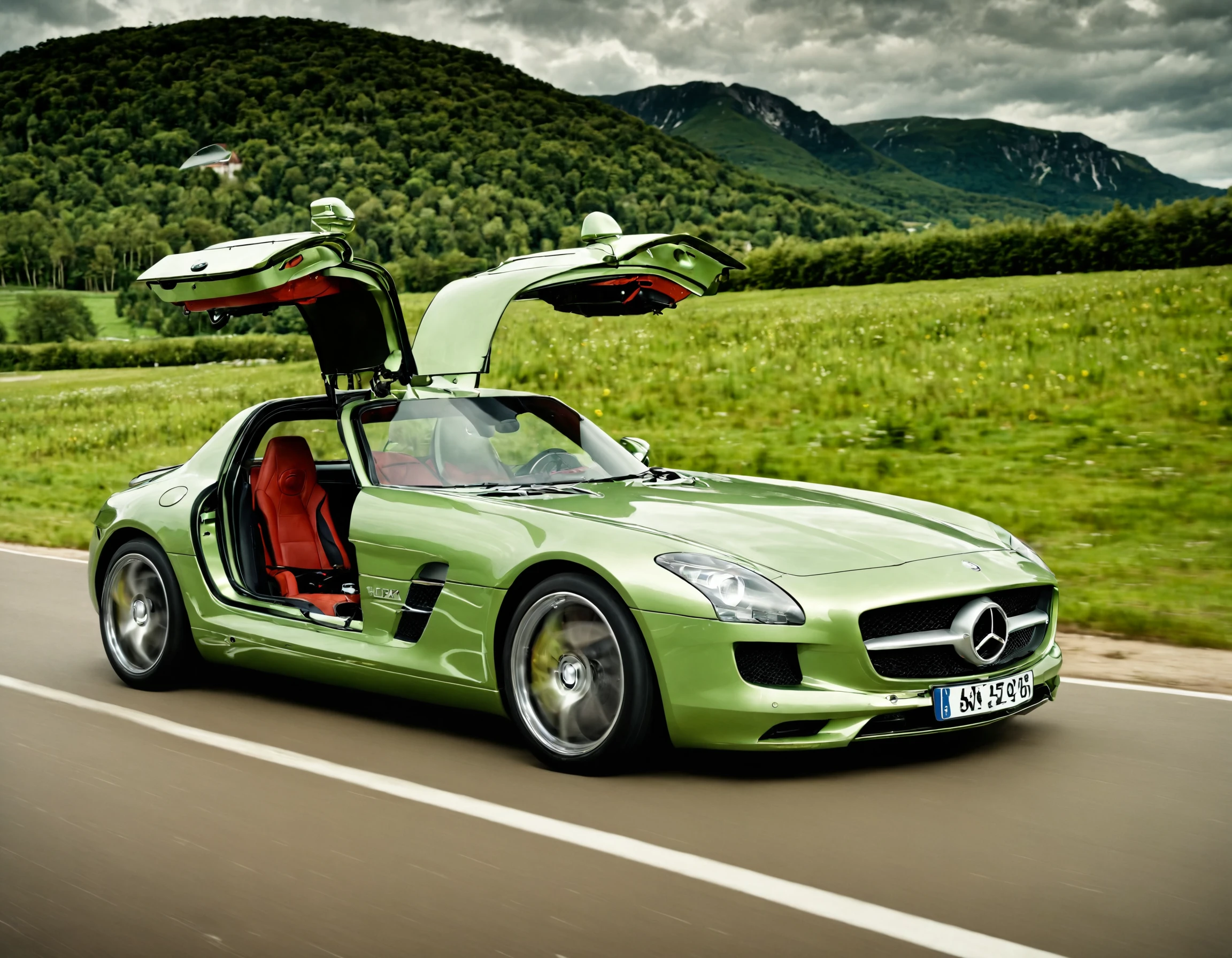 Mercedes SLS Amg, real photo, green car, detailed, cinematic, complex colors, highly saturated, sharp focus, futuristic, full color, modern, luxurious, elegant, dramatic, thought, epic, beautiful, colossal, cool, amazing, enormous, brilliant, symmetry, illuminated, incredible, very impressive, splendid, outstanding, fine, luxury, shiny, gorgeous