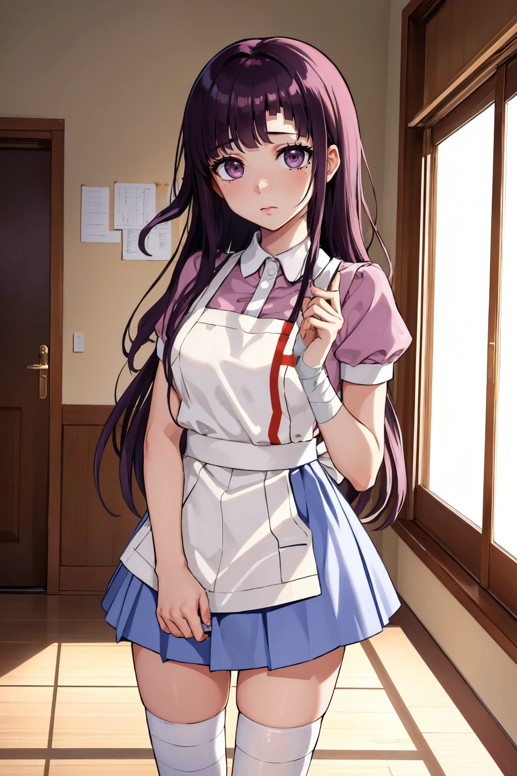 (masterpiece, best quality:1.2), solo, 1girl, tsumiki mikan, expressionless, looking at viewer, standing, mole under eye, purple hair, pink shirt, puffy short sleeves, white apron, blue skirt, bandaged leg, bandaged arm, indoors, infirmary <lora:danganronpa2_tsumiki:1>