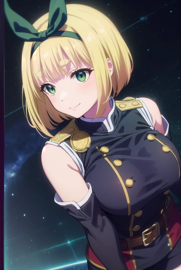 shushusuruga, <lora:shushu suruga s1-lora-nochekaiser:1>,
shushu suruga, short hair, bangs, hair ribbon, hairband, blunt bangs, thick eyebrows, (green eyes:1.3), yellow hair, smile,
BREAK gloves, shorts, elbow gloves, belt, buttons, military uniform, military, bare shoulders, black military uniform,
BREAK outdoors, space, starry sky, star \(sky\), moon,
BREAK looking at viewer, (cowboy shot:1.5),
BREAK <lyco:GoodHands-beta2:1>, (masterpiece:1.2), best quality, high resolution, unity 8k wallpaper, (illustration:0.8), (beautiful detailed eyes:1.6), extremely detailed face, perfect lighting, extremely detailed CG, (perfect hands, perfect anatomy),