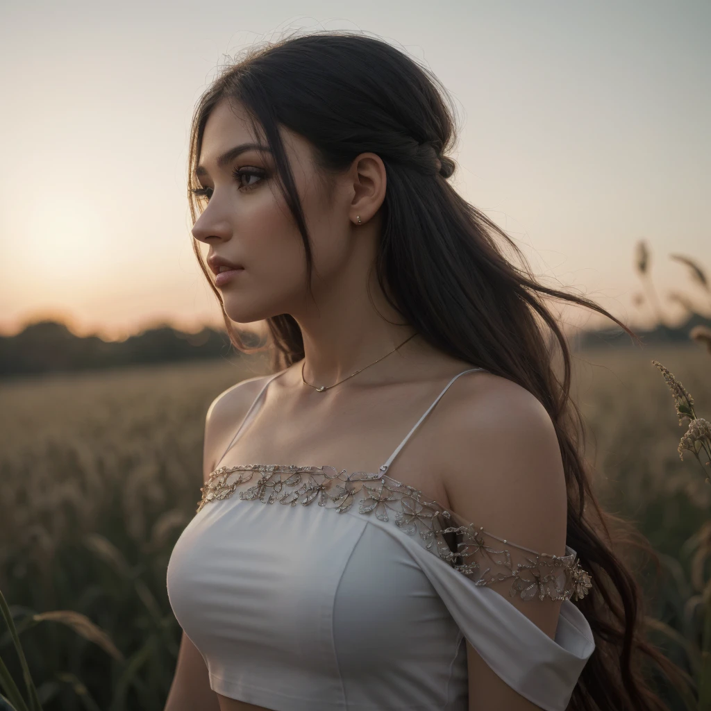 <lora:@mbreV_962:0.8> @mbrev, thin., (32K resolution, masterpiece, ultra high quality, best quality, ultra high definition, perfect anatomy, Incredibly detailed, RAW, ultra super realistic, photorealistic, cinematic lighting, exquisitely detailed, extremely intricate, 8k UHD, high resolution), (1girl), cropped  off-shoulder tank top,  skirt, elegant hair,  flower field,