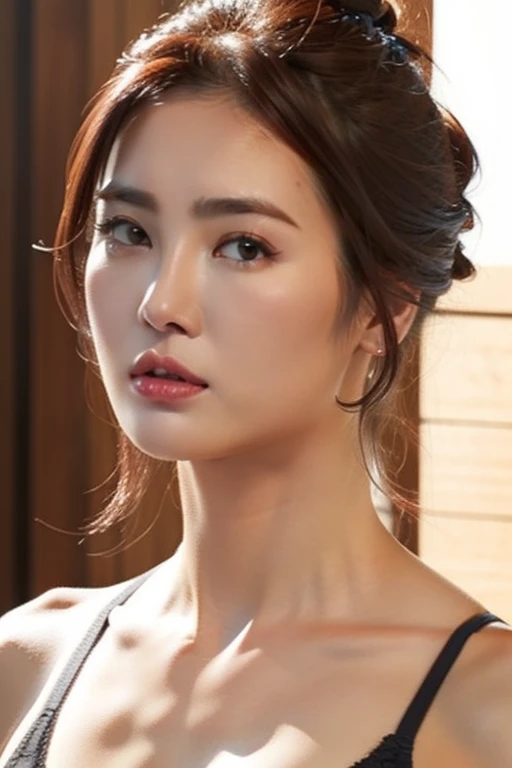 dark brown hair, dark brown eyes, adult woman, (complex details: 1.2), (best quality: 1.4), (ultra high definition: 1.2), ultra high resolution, (detailed eyes), (detailed facial features), HDR, 8k resolution, age 50 years, moderately sized breasts, naked, towel, bath towel,