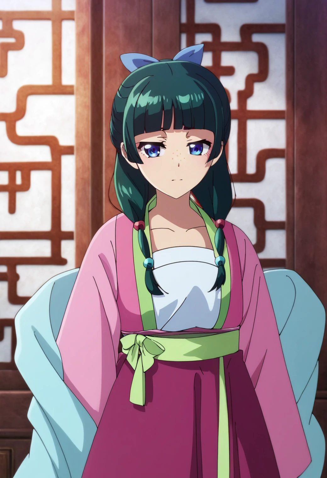 1girl, maomao, <lora:maomao_ponyxl_v1:0.9>, solo, green hair, long hair, blue eyes, BREAK
blunt bangs, closed mouth, collarbone, flower, hair bow, long sleeves, red rose, rose, waist bow, freckles, default hairstyle, hair ribbon, blue ribbon, sidelocks, hair beads, half updo, hair over shoulder, pl-dress, chinese clothes, pink hanfu, red dress flower, green sash, light blue shawl, red hakama, wide sleeves, standing, half-closed eyes, low twintails, BREAK
score_9, score_8_up, score_7_up, score_6_up, anime, BREAK
(high quality, detailed, beautiful), shiny, detailed beautiful eyes, outstanding, countershading, detailed soft lighting