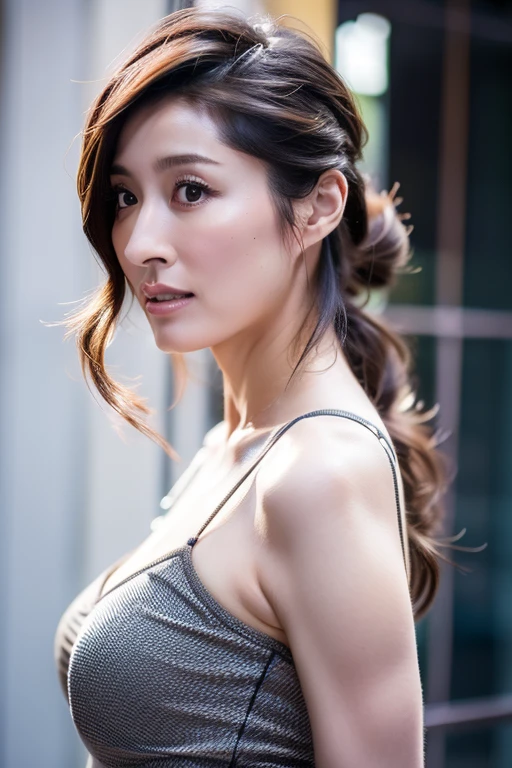 Best quality,masterpiece,ultra high res,(photorealistic:1.2),1girl,low key,slim body,dynamic pose,face closeup,brown hair,taipei city street,<lora:tanaka_chie:1>,medium breasts,pony-tail,