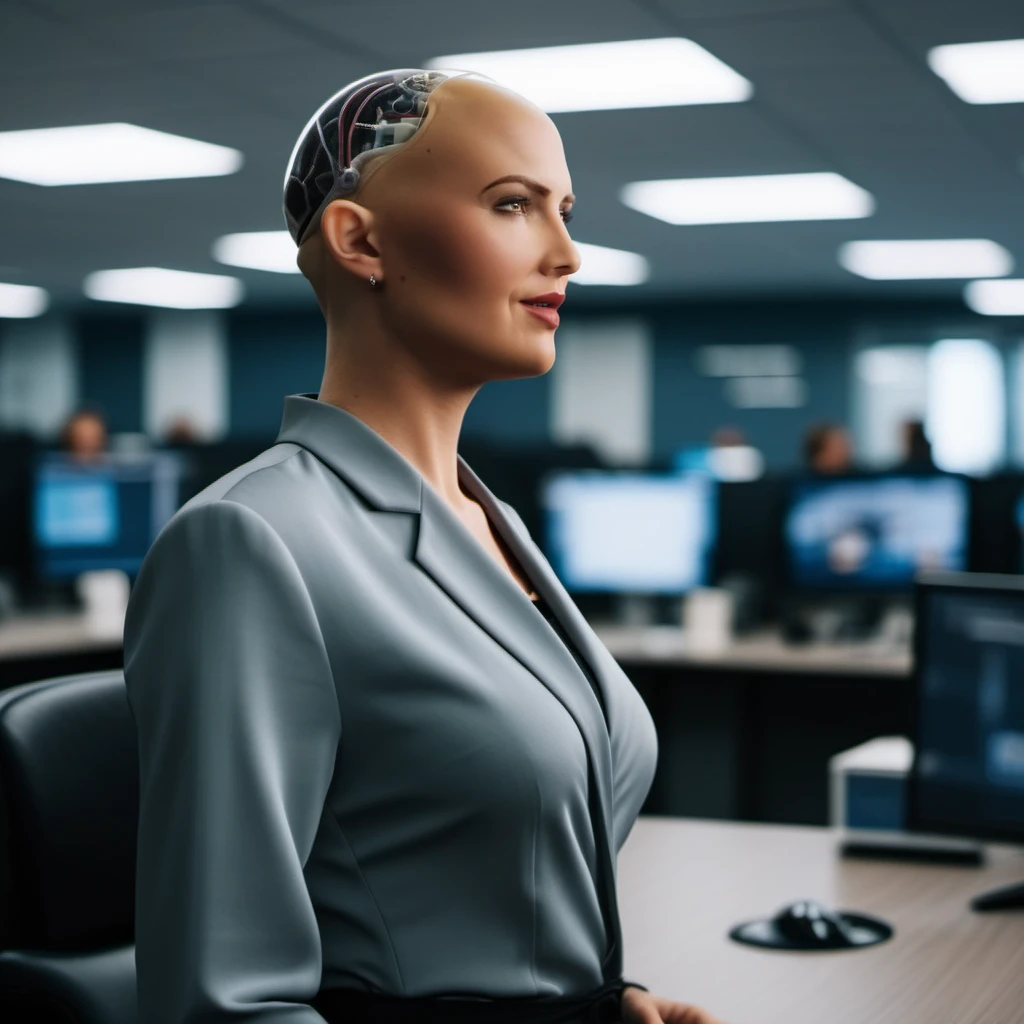cinematic photo a bald woman in an office<lora:Sophia1024-000375:0.8> <lora:add-detail-xl:1.5> . 35mm photograph, film, bokeh, professional, 4k, highly detailed