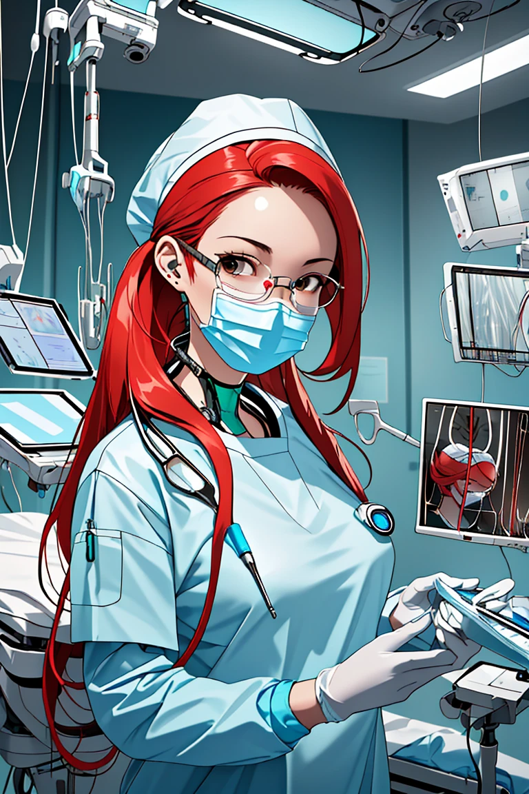 (RAW photo, best quality), 1girl, operating room, overhead surgical light, dslr, blurred background, focused,
 <lora:cyber_surg_v1.0-000006:0.8> cybr_surg, 1girl, solo, latex gloves, surgical mask,cybernetic outfit,long sleeves,surgical cap,
 <lora:Claudia_Suzuki_V1.0-000006:0.5> (claudia suzuki, mature female, semi-rimless eyewear, red hair, long hair, brown eyes, antenna hair),