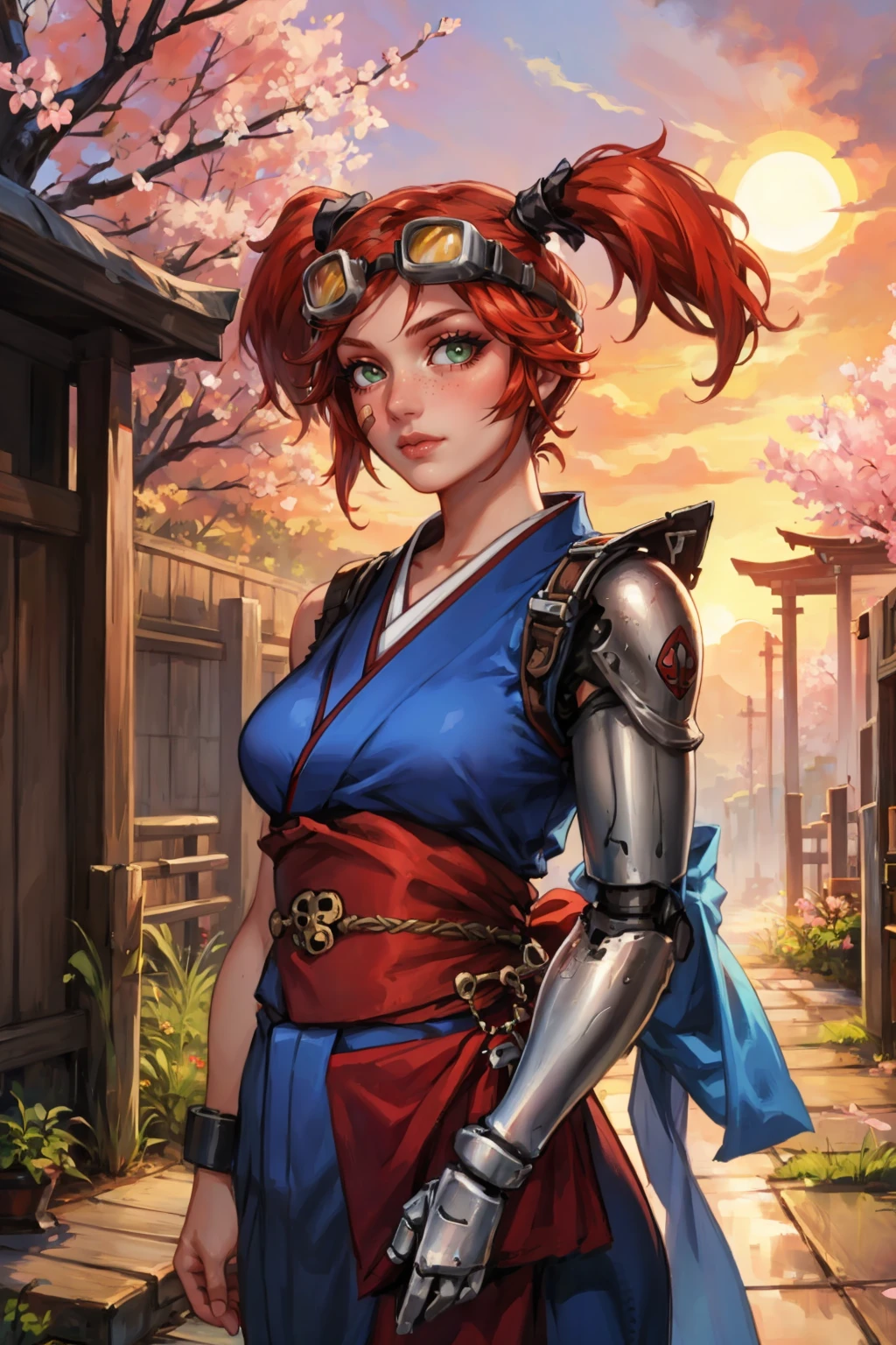 masterpiece, best quality, 1girl, solo, looking at viewer, breasts, <lora:gaigebl2-guy-v2:.85>, gaigebl2, goggles on head, twintails, freckles, bandaid on face, single mechanical arm, kimono, temple, cherry blossoms, outdoors, sunset,